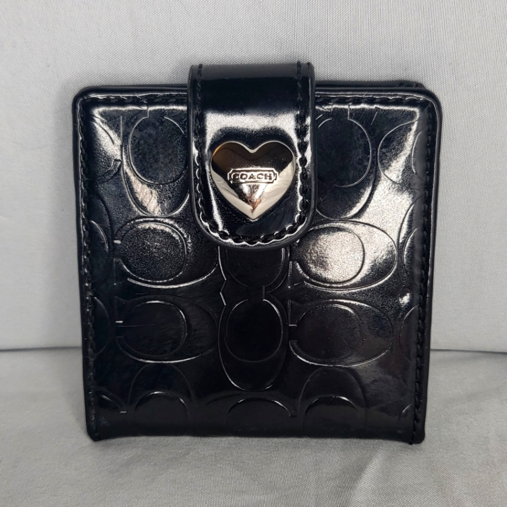 EUC, Black Coach Compact Mirror With Silver Heart